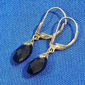 Vintage 10K Gold Earrings Black Onyx Cut Glass Drop Dangle